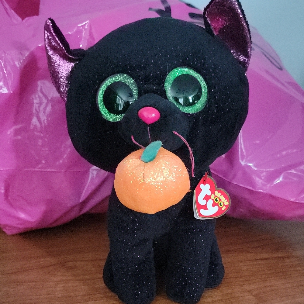 Ty Black Cat Stuffed Animal with Orange Pumpkin